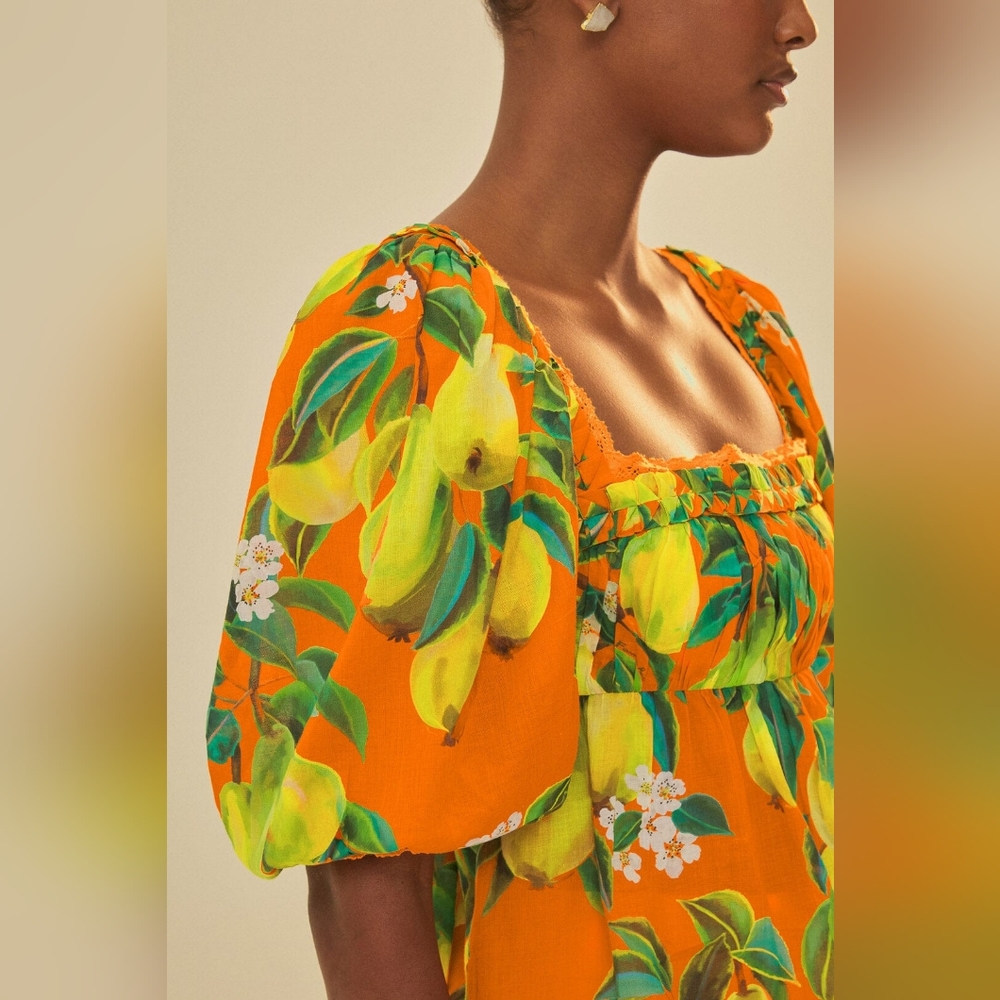 FARM Rio Orange Tropical Pear-Print Puff Sleeve Blouse
